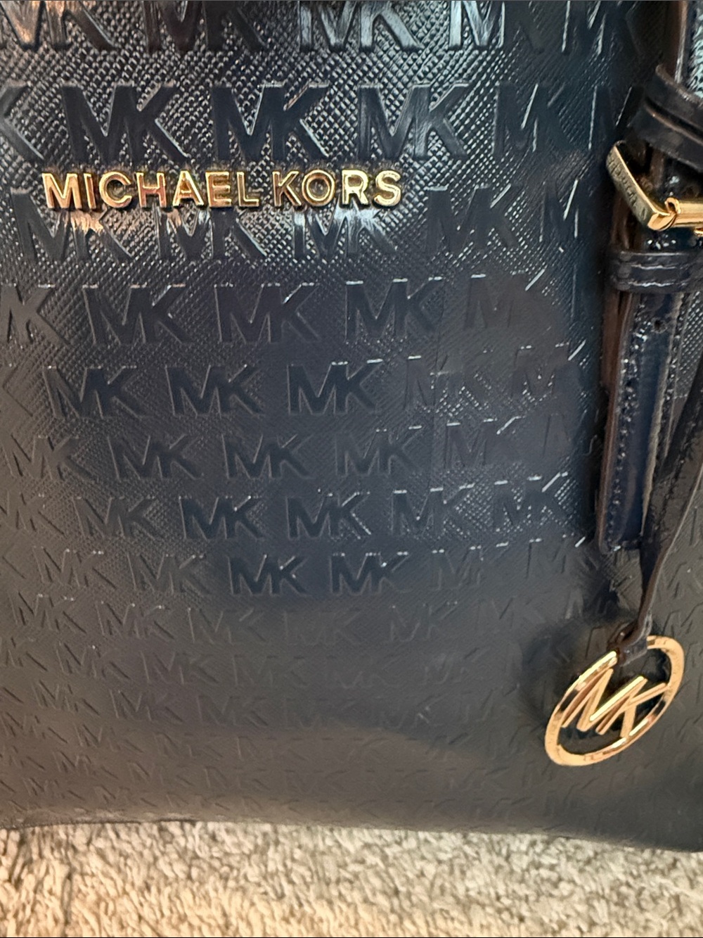 Michael Kors Navy Embossed MK jet set Tote luxury business casual cozy feminine - Picture 3 of 12